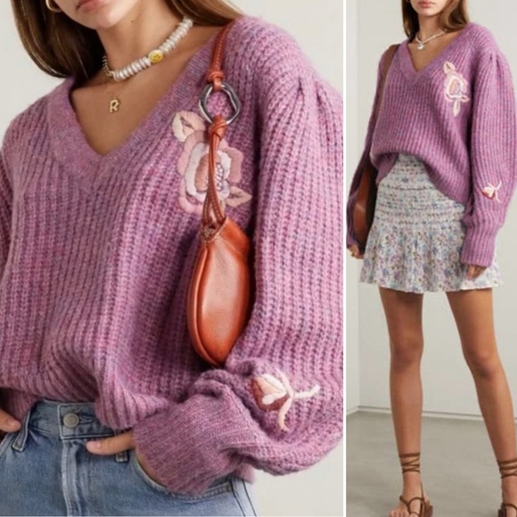 NWT LoveShackFancy Chunky Ridge Sweater with Floral Embroidery in Berry Size SM - Picture 4 of 15